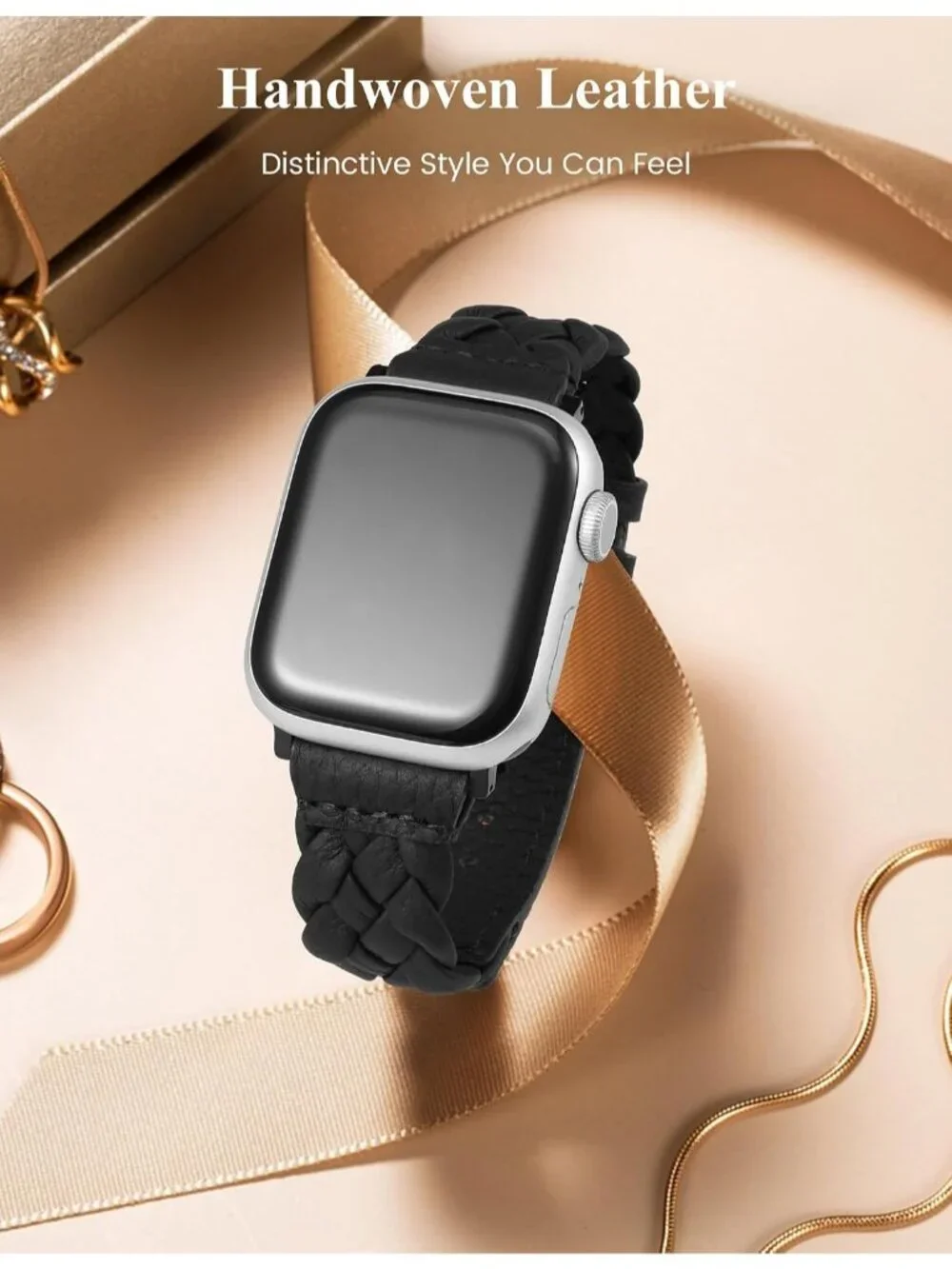 Women's Black Braided Leather Woven Strap Compatible with Apple Wrist Watch